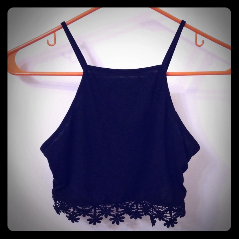 Black Halter Crop Top with Flower Trim